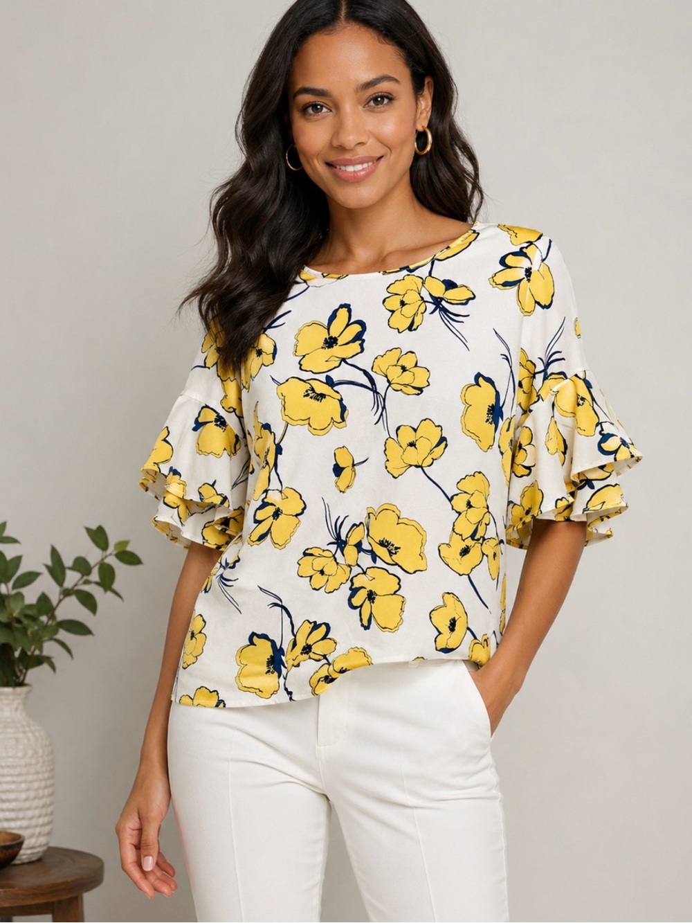 Liz Claiborne Women’s Yellow Floral Ruffle Sleeve Top Sz M 3/4 Sleeve